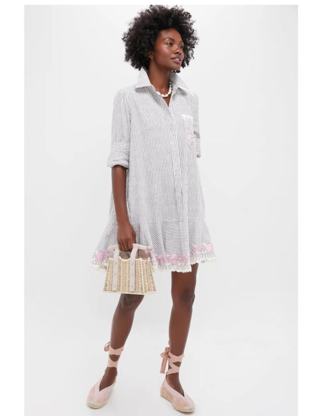TUCKERNUCK Tan Stripe Embroidered Floral Callahan Shirt Dress Size L